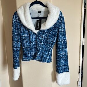 Blue and white tweed jacket with faux fur collar